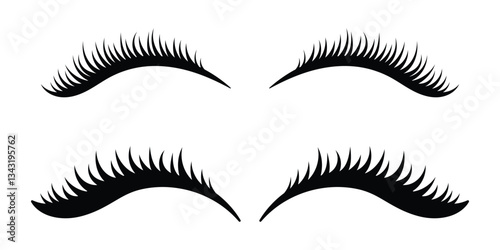 Eyelashes icon set. Black outline icon of eyes, vector with eyelash isolated on white background. Hand-drowning look, see, sight symbol web graphic design. Vector image.