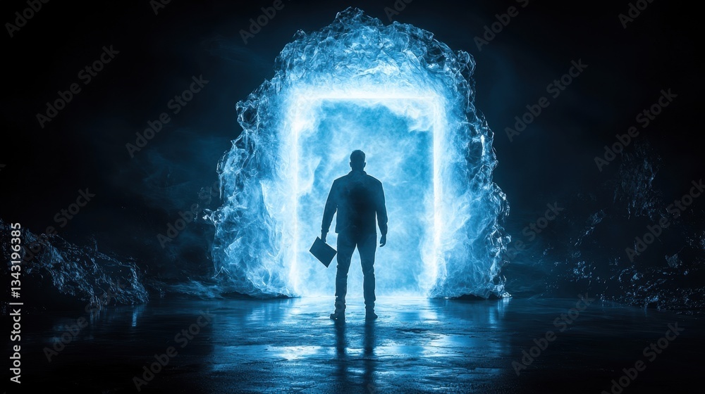 Obraz premium A figure stands before a glowing blue portal, surrounded by a dark, ethereal landscape, holding a book, evoking a sense of mystery and adventure.