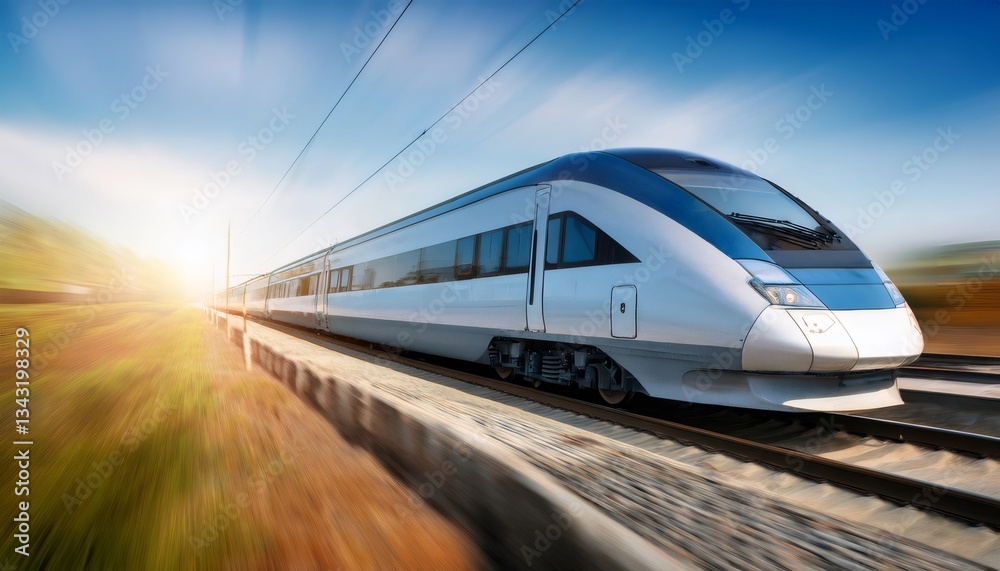 Fototapeta premium Modern high speed train speeding on railway tracks at sunset