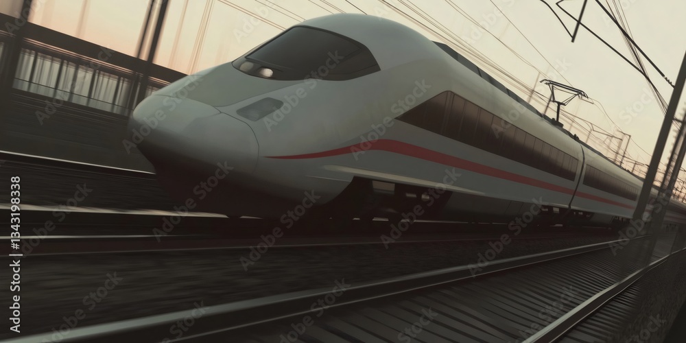 Modern high speed train speeding on railway at sunset Modern high speed train speeding on railway at sunset