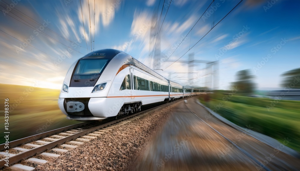 Naklejka premium Modern high speed train rushing on railway at sunset