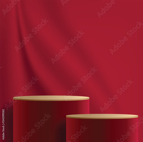 Abstract 3D podium with smooth fabric floating on background. Pedestal mockup minimal scene empty stage for presentation product cosmetic, stand, showcase, exhibition, fashion display. Vector
