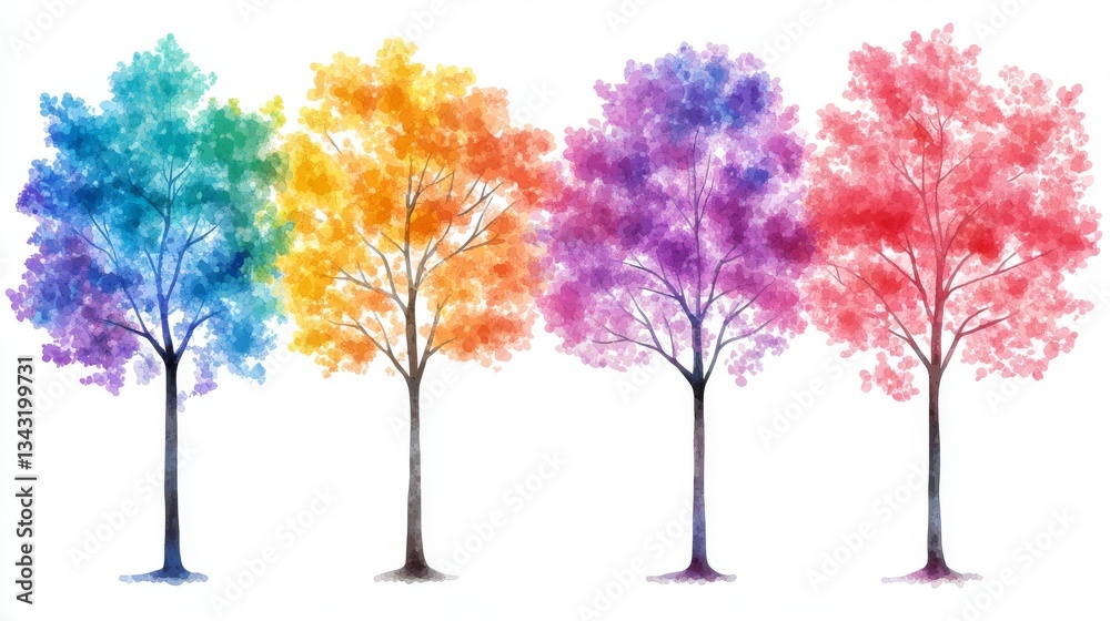 Obraz premium Various deciduous tree profiles set against a white canvas