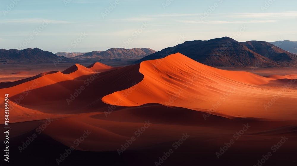 Naklejka premium Expansive desert dunes with deep shadows and warm light, showcasing a tranquil, vast landscape of sand and mountains.