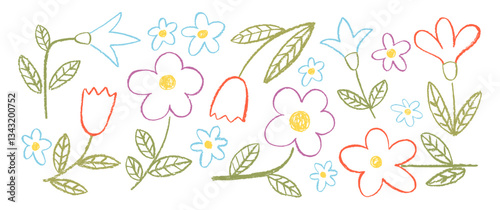 Collection of crayon doodle flowers with leaves. Spring Easter illustration with pastel or chalk texture. Color childish vector illustration on a white background.