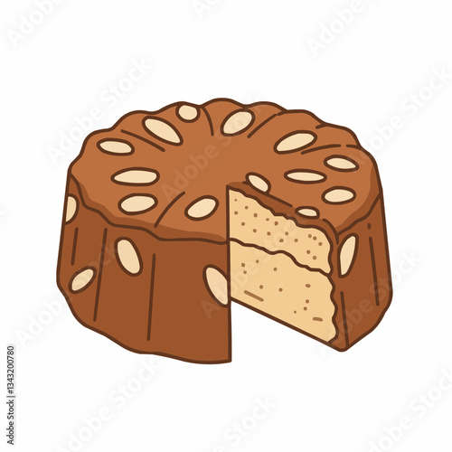 Deliciously decorated cake with almonds, showcasing a slice, bright background