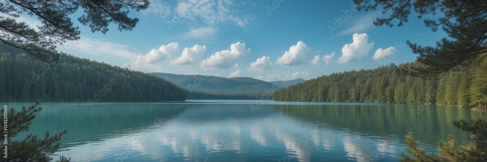 Obraz premium Reflections on Serenity: Lakeside Forest Landscape with Clouds and Mountain Backdrop