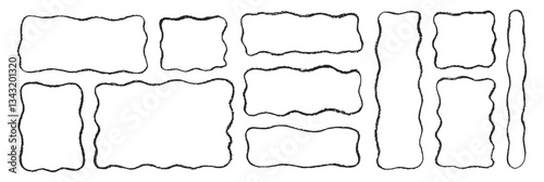 Hand drawn grunge square and rectangle shapes with crayon or pastel texture. Wavy text box or frame painted with chalk. Outline grunge vector illustration on a white background.