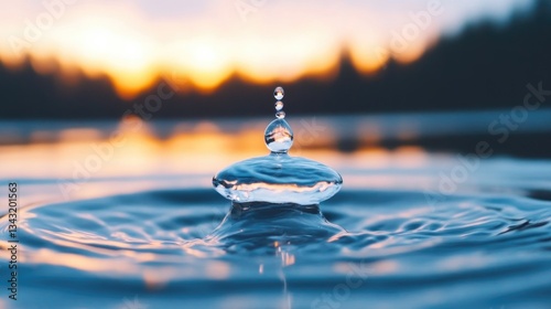Water drop impact on tranquil lake surface at sunset photo
