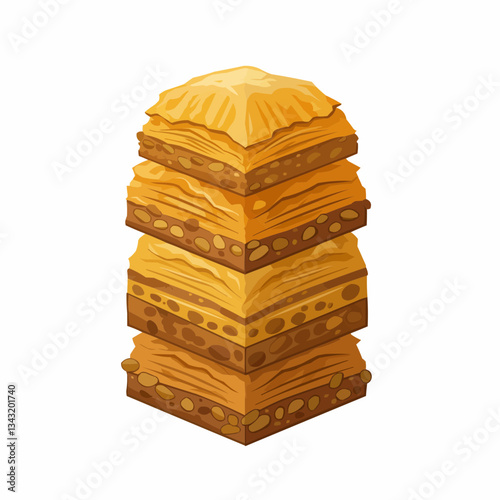 Delicious layered baklava dessert stacked on a white background