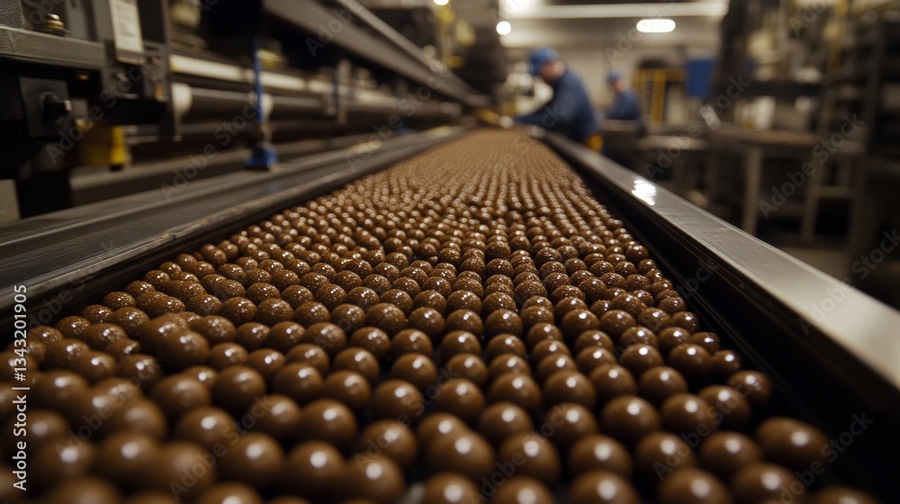 Fototapeta premium A close-up shot of dog kibble moving along the conveyor belt at a pet food factory, where dry cat and dog food is being produced