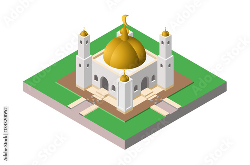 Isometric Mosque Illustration with Golden Dome and White Tower