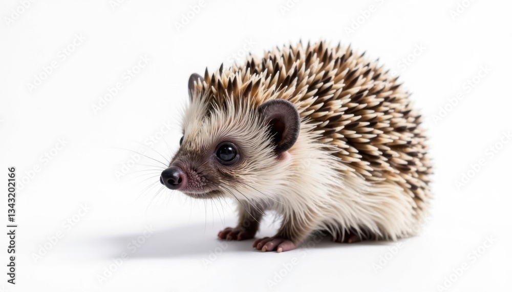 Close-up of a solitary hedgehog, against a bright white backdrop, alone, macro