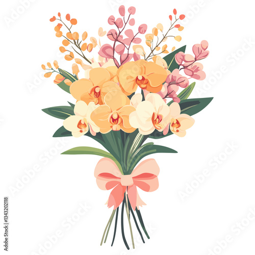 Wedding orchid flowers bouquet with paper wrap and bow tired orchids art illustration vector