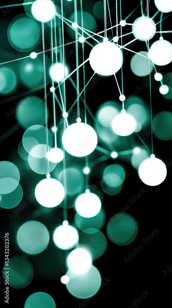 Abstract network of connected circles, teal background. Potential use for technology, connection, or abstract concepts