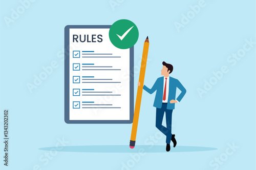 businessman finish writing rule regulation document symbolizing corporate compliance guideline illustration checklist