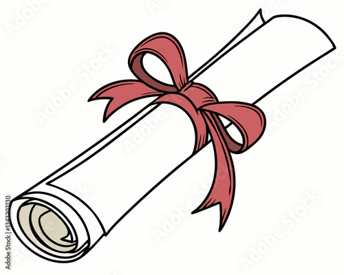 Rolled White Diploma with Red Silk Ribbon - Elegant Graduation Certificate Isolated on White Background.