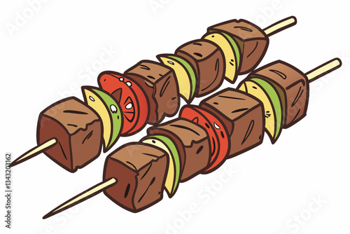 Grilled Meat Skewers with Colorful Bell Peppers and Juicy Tomatoes - Barbecue Kebabs Isolated on White Background