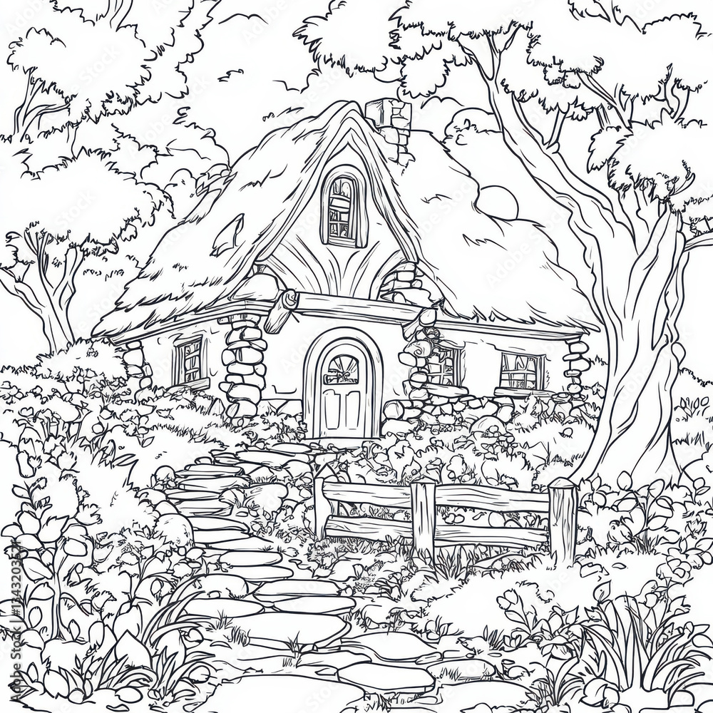 Obraz premium Charming cottage nestled in nature, surrounded by flowers and trees, inviting tranquility.