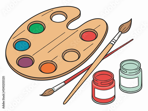 Wooden Artist Palette with Vibrant Paint Colors and Brushes – High-Resolution Art Supplies Image.