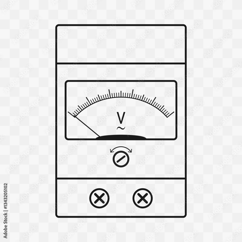 Analog voltmeter with a pointer. Minimalist line art style vector illustration on a checkered background