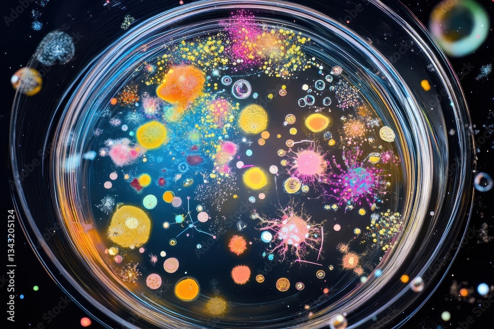 Obraz premium A study of microorganisms in a petri dish with vibrant colors and intricate patterns showcasing life at a microscopic level.