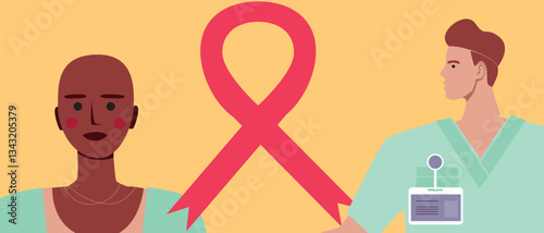 Doctor with cancer patient and cancer ribbon, flat vector stock illustration as concept of oncology in hospital