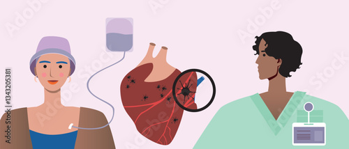 Oncologist and cancer patient, flat vector stock illustration with doctor and heart cancer