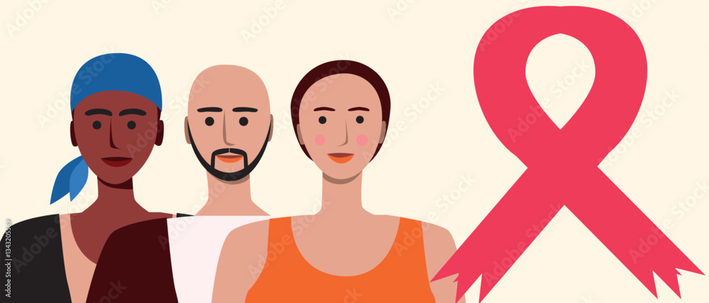 Cancer patients silhouettes and cancer ribbon, silhouette vector stock illustration with unidentifiable people together as a template with space for text or copy space Cancer patients silhouettes and cancer ribbon, silhouette vector stock illustration with unidentifiable people together as a template with space for text or copy space