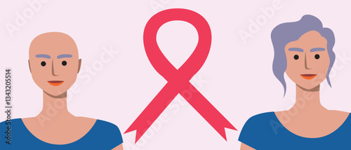 Cancer patients silhouettes and cancer ribbon, silhouette vector stock illustration with unidentifiable people together as a template with space for text or copy space