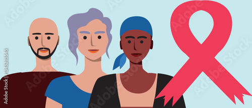 Cancer patients silhouettes and cancer ribbon, silhouette vector stock illustration with unidentifiable people together as a template with space for text or copy space