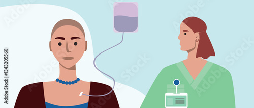 Cancer patient, consultation with doctor, flat vector stock illustration with palliative care, visit to oncologist