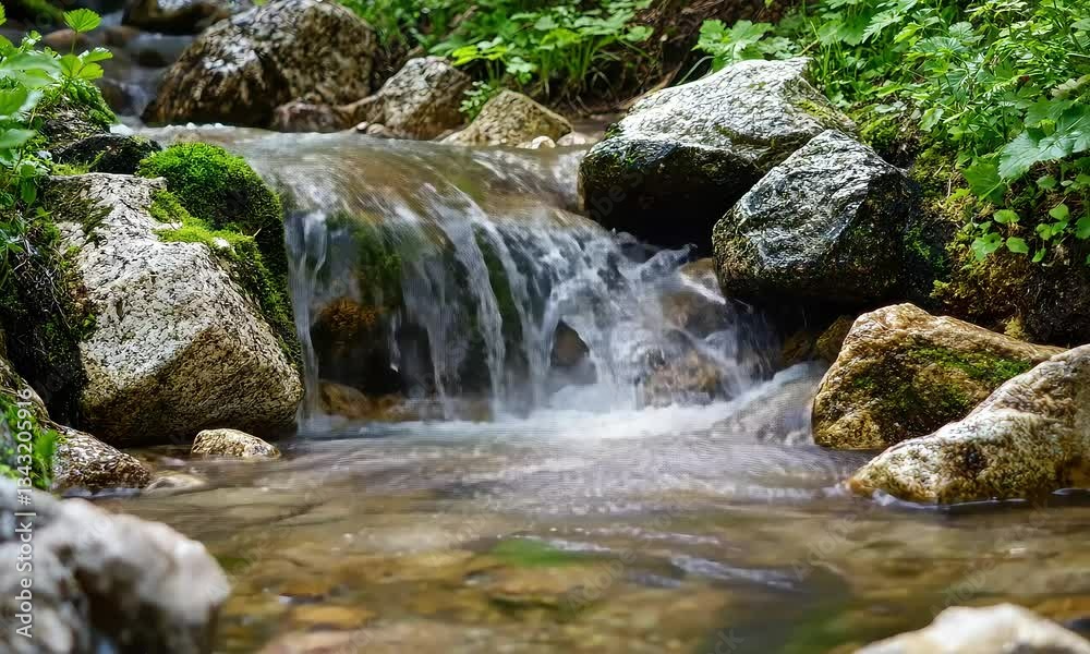 Serene Mountain Stream Flowing Over Rocks Surrounded by Lush Greenery in a Peaceful Forest Environment Serene Mountain Stream Flowing Over Rocks Surrounded by Lush Greenery in a Peaceful Forest Environment