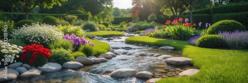 Tranquil garden stream with vibrant flowers, lush greenery and smooth river stones
