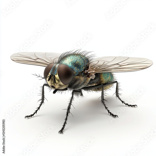 A  modern-produced image of a common green bottle fly, standing alone on a transparent background
