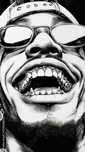 Black and White Vector Art of Rapper with Grillz and Sunglasses