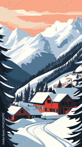 Winter Landscape of Wengen Village in Bernese Alps Switzerland Vector Poster