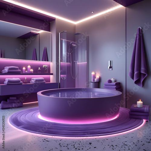 Step into a world of modern luxury with this hyper-realistic 3D-rendered bathroom. This sophisticated and high-end space features a circular bathtub in a rich, elegant hue
