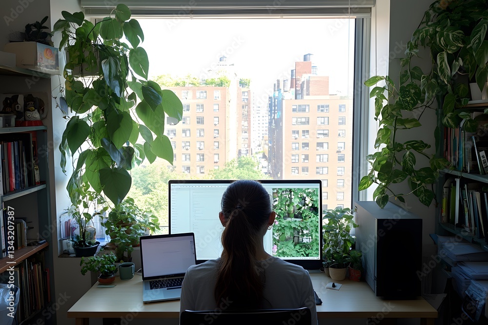 Obraz premium Woman Working From Home Office with Plants and City View