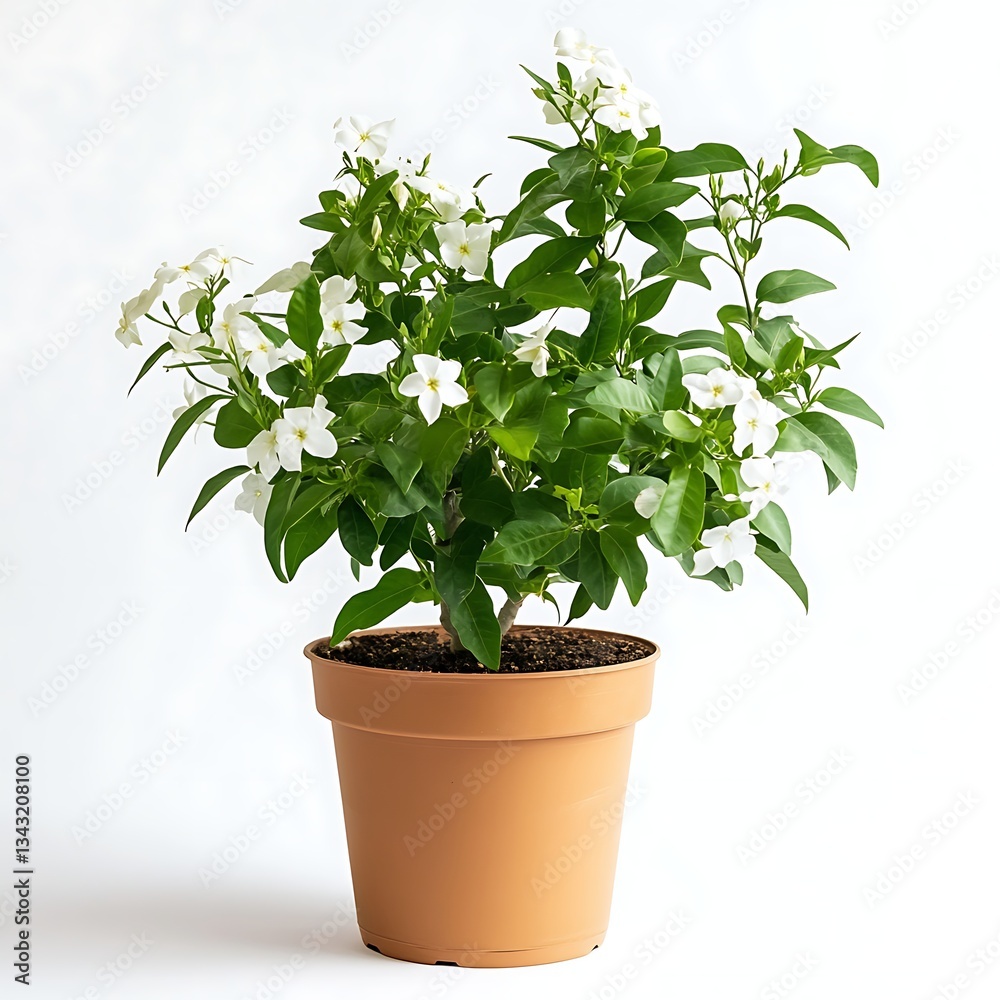 Fragrant Jasmine Blossom: A beautiful jasmine plant in full bloom, showcasing delicate white flowers and lush green foliage, potted in a neutral container. Fragrant Jasmine Blossom: A beautiful jasmine plant in full bloom, showcasing delicate white flowers and lush green foliage, potted in a neutral container.
