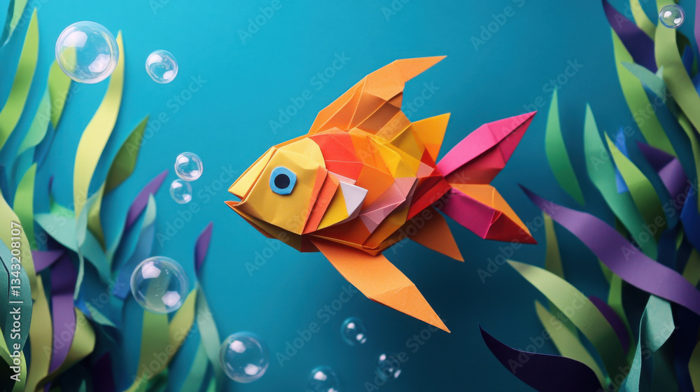 Naklejka premium A colorful origami fish swimming among paper seaweed and bubbles, creating a playful underwater scene.