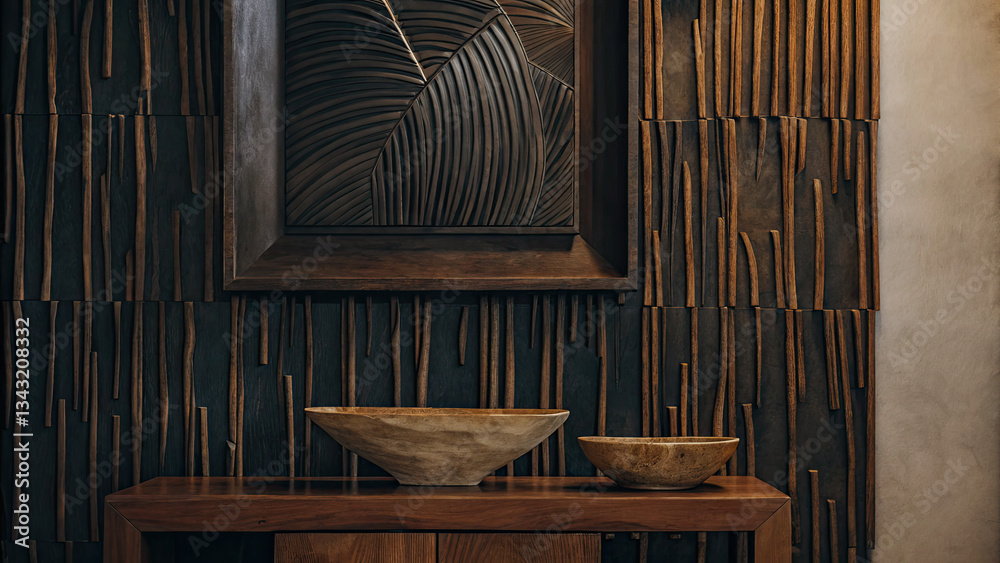 Textured white and brown wall with framed abstract artwork above a wooden table holding a sculpted wooden bowl, creating a refined and artful modern home design with organic elements. Textured white and brown wall with framed abstract artwork above a wooden table holding a sculpted wooden bowl, creating a refined and artful modern home design with organic elements.