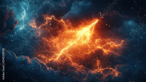 Fiery lightning bolt erupts through dark stormy clouds.