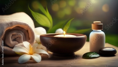 Relaxing spa setup featuring a candle, essential oil, stones, and a towel against a natural backdrop creating a serene atmosphere