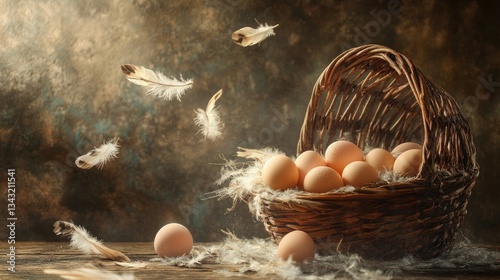 Brown eggs in a rustic wicker basket with feathers.