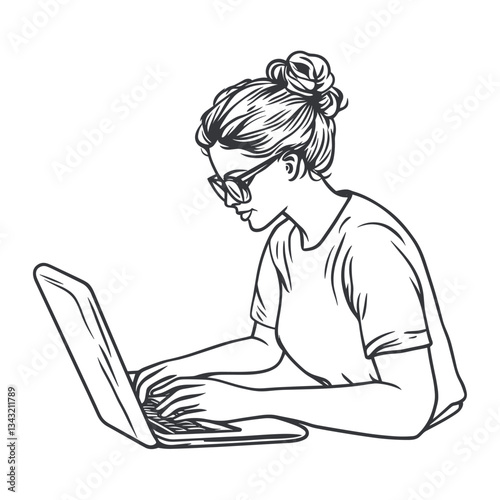 Woman using laptop drawing white art vector