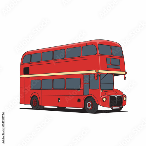Red double-decker bus parked on city street with urban backdrop