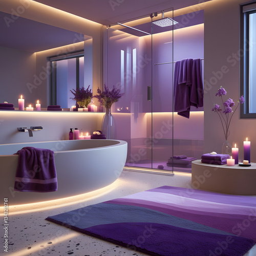 Step into a world of modern luxury with this hyper-realistic 3D-rendered bathroom. This sophisticated and high-end space features a circular bathtub in a rich, elegant hue