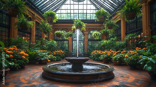 Old stone urns and a fountain decorate the garden park