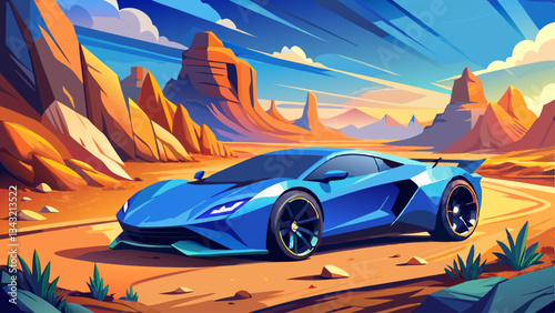 Electric supercar in natural desert environment. Blue vehicle on desert road. Future of sustainable luxury transport